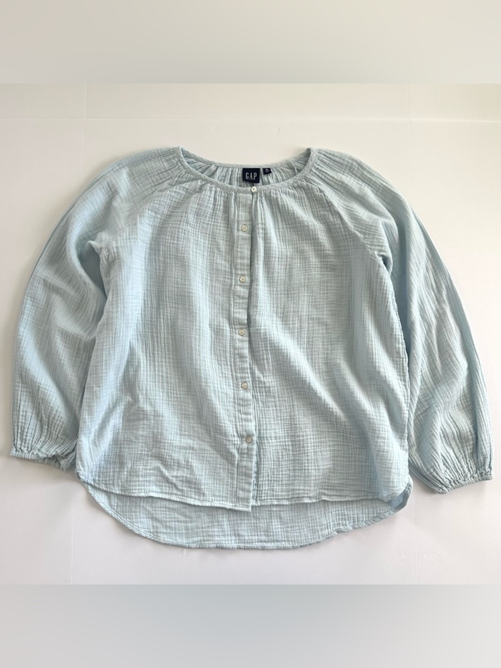 GAP Crinkle Gauze Balloon Sleeve Button Up Shirt in Poolside Blue | XL | GUC